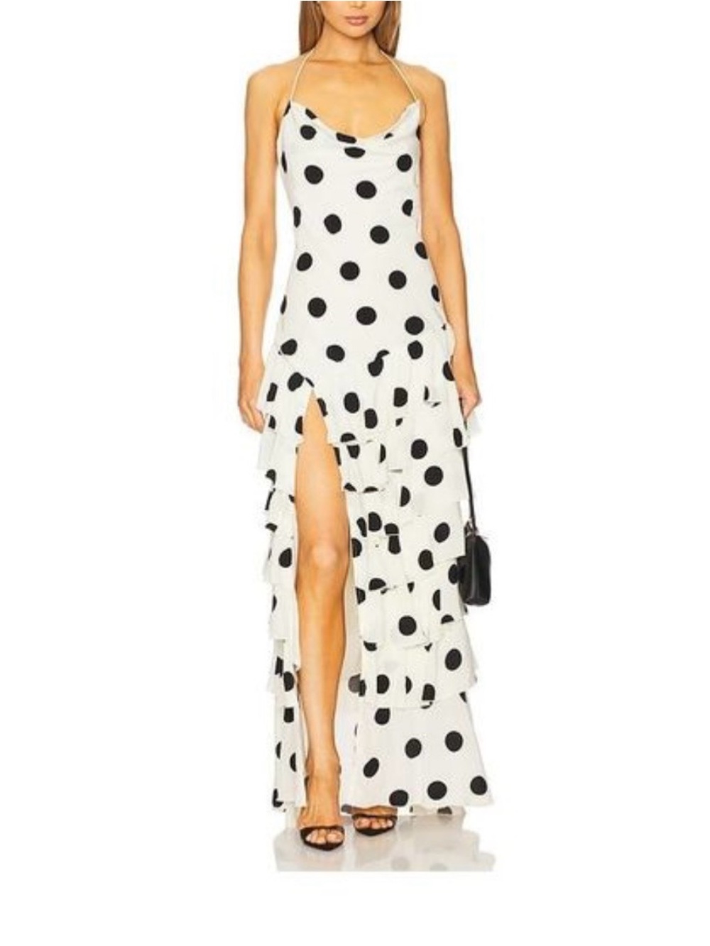 MAJORELLE Brandin Gown Cream Black Polka Dot Tiered Ruffle Maxi Dress Size S